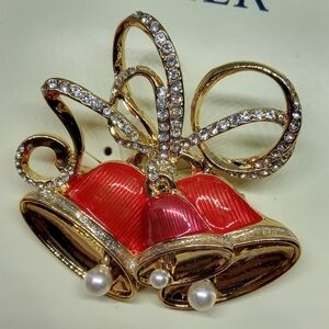 Napier Red and Gold Bow Jingle Bell Brooch NEW